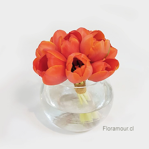 Color puede variar según disponibilidad en la importación. Este arreglo floral de tulipanes está disponible sólo para envíos a domicilio dentro de Santiago de CHile